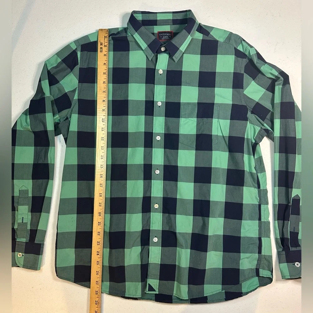UNTUCKit Mens Long Sleeve Button Down Aqua Navy Blue Plaid Shirt‎ Size XL